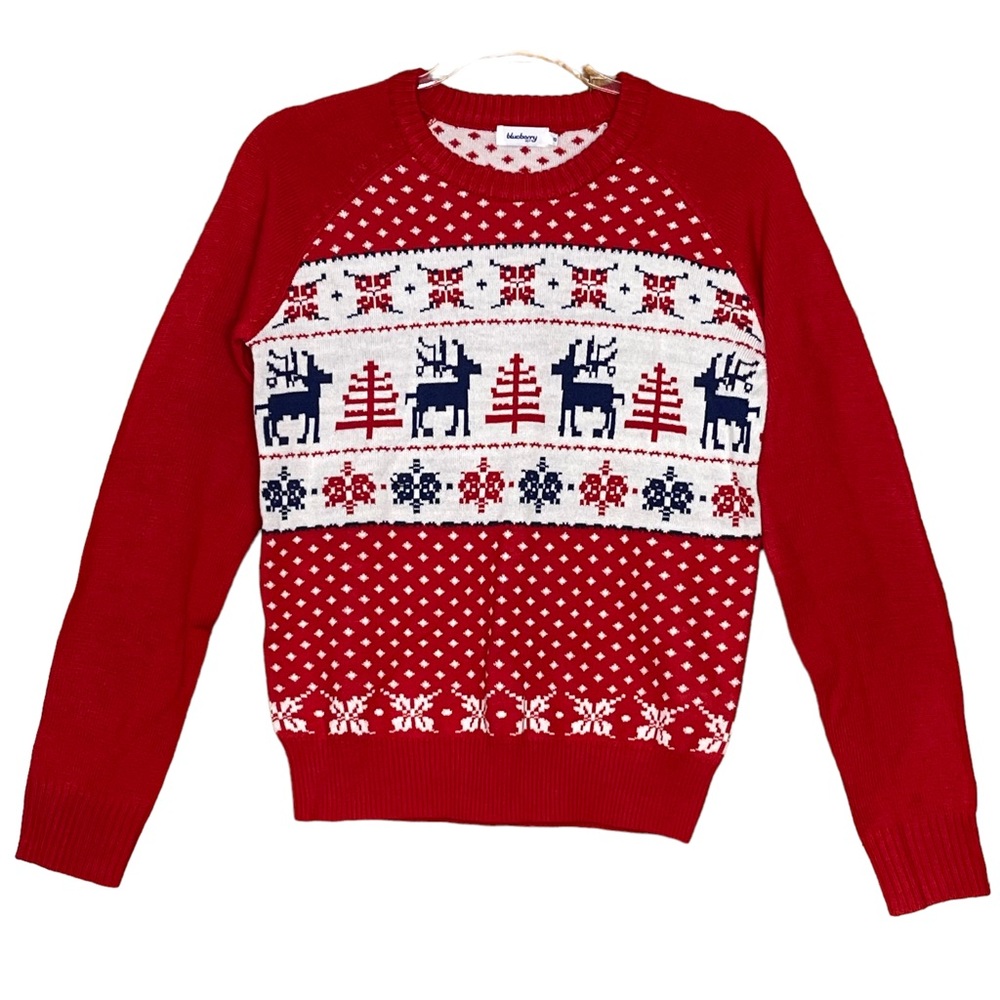 Blueberry Pet Holiday Reindeer Ugly Christmas Sweater Red, Blue, White Size XS